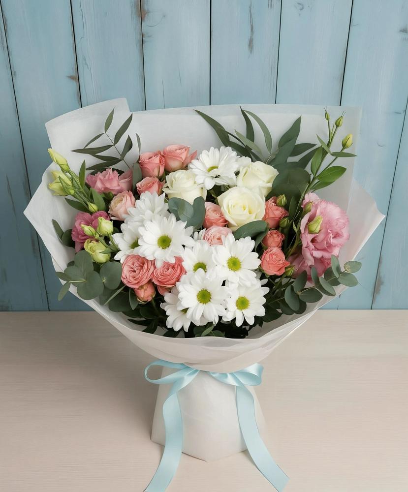 Букет цветов из: Розы, Лизиантусы и Хризантемы в Муриково