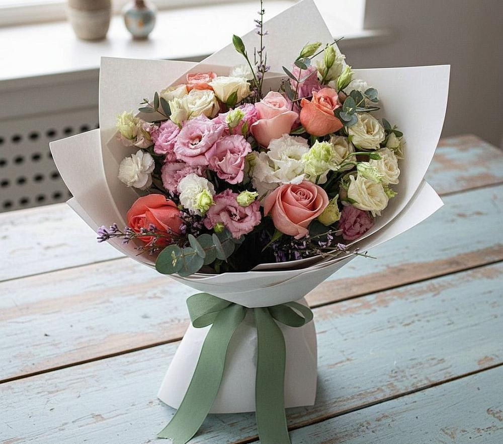 Букет цветов из: Розы, Лизиантусы и Гвоздики в Муриково