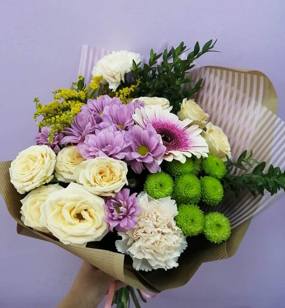 Букет цветов из: Хризантемы, Розы, Гвоздики и Герберы в Муриково