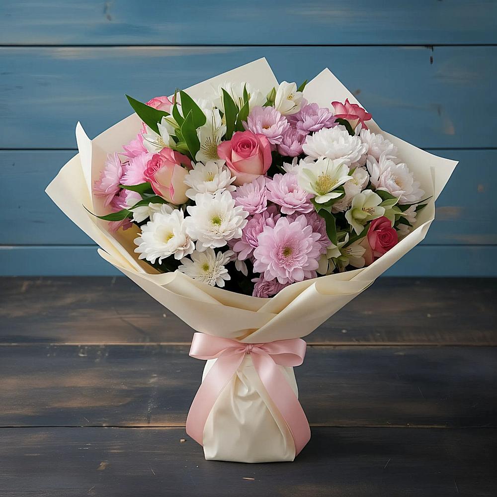 Букет цветов из: Хризантемы, Альстромерии и Розы в Муриково